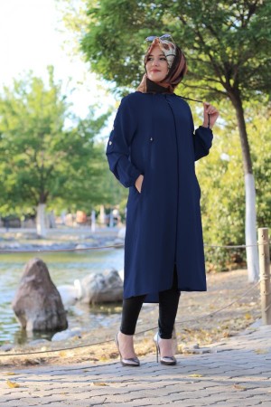 Büyük Beden Kolları Düğme Detaylı Kapşonlu Fermuarlı Kap  Lacivert