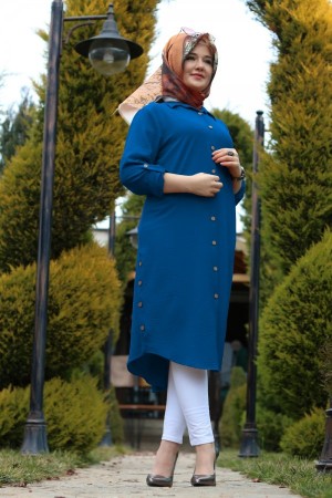 Büyük Beden Yanları Düğme Detaylı Ayrobin Tunik  İndigo