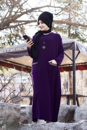 Büyük Beden Cep Detaylı Sendi Elbise  Kolye Hediyeli  Koyu Mor