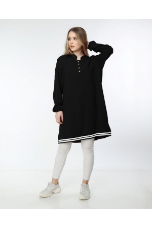 Büyük Beden Düğmeli Ribana Detaylı Tunik  Siyah
