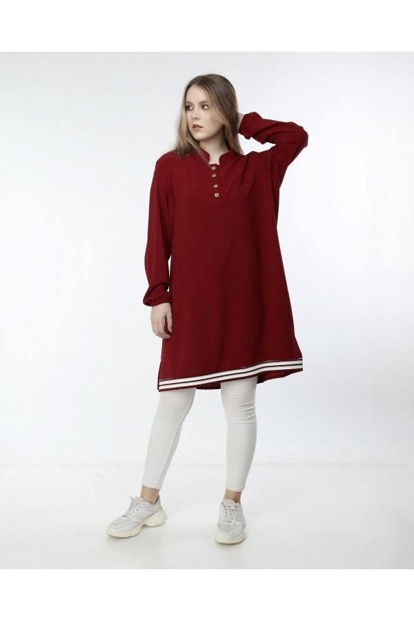 Büyük Beden Düğmeli Ribana Detaylı Tunik  Bordo