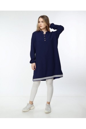 Büyük Beden Düğmeli Ribana Detaylı Tunik  Lacivert