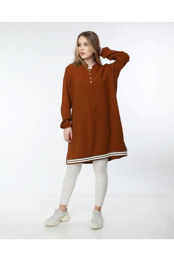 Büyük Beden Düğmeli Ribana Detaylı Tunik  Kiremit