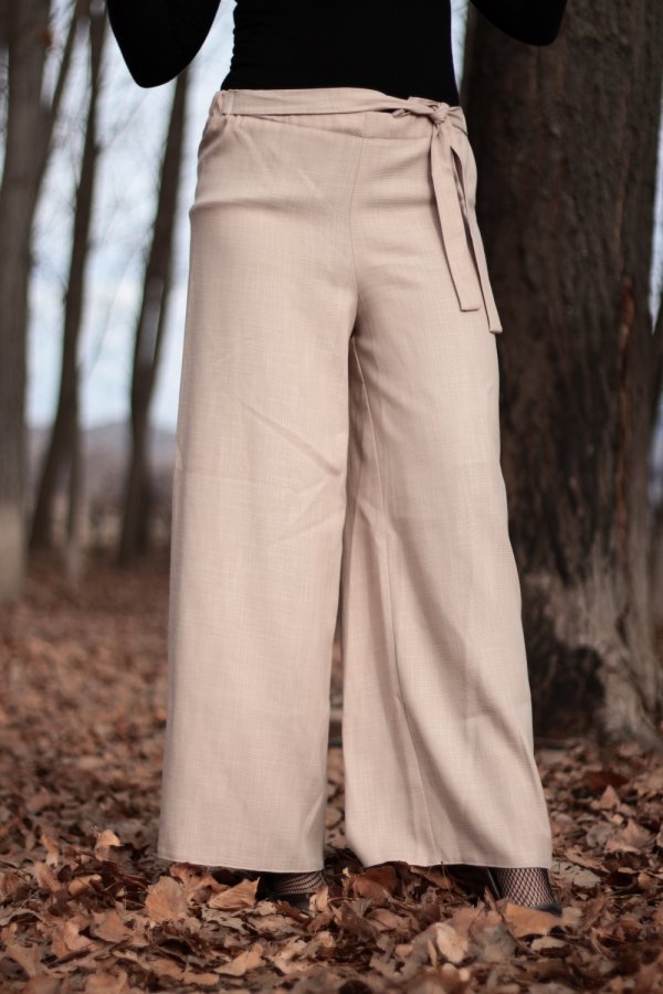 Beli Kuşaklı Bol Paça Keten Pantolon