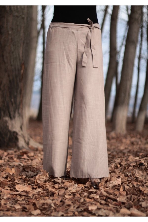Beli Kuşaklı Bol Paça Keten Pantolon