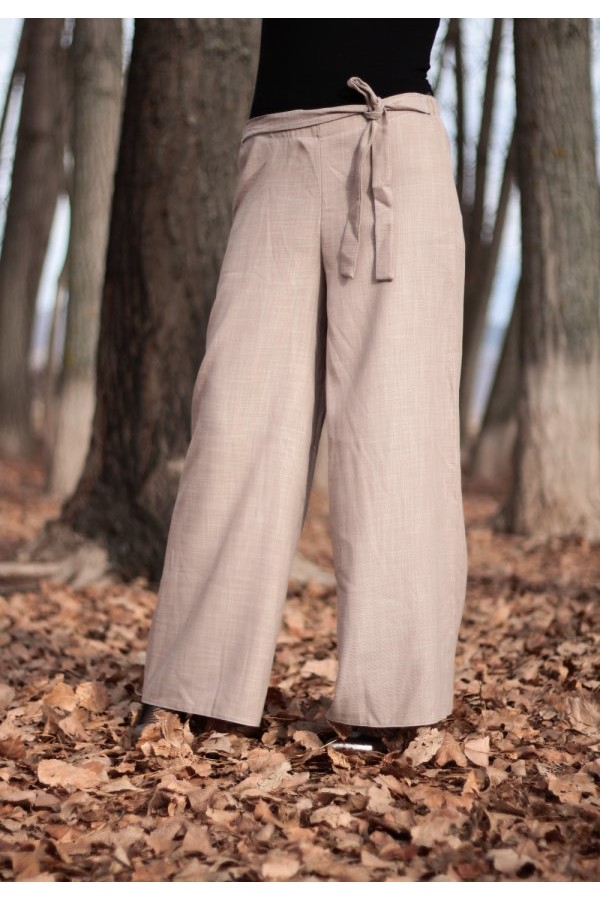 Beli Kuşaklı Bol Paça Keten Pantolon