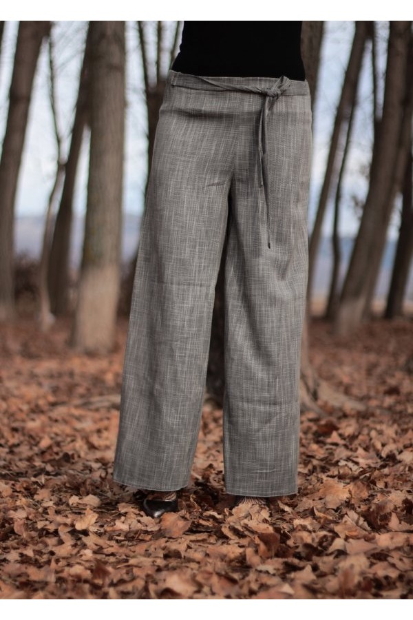 Beli Kuşaklı Bol Paça Keten Pantolon