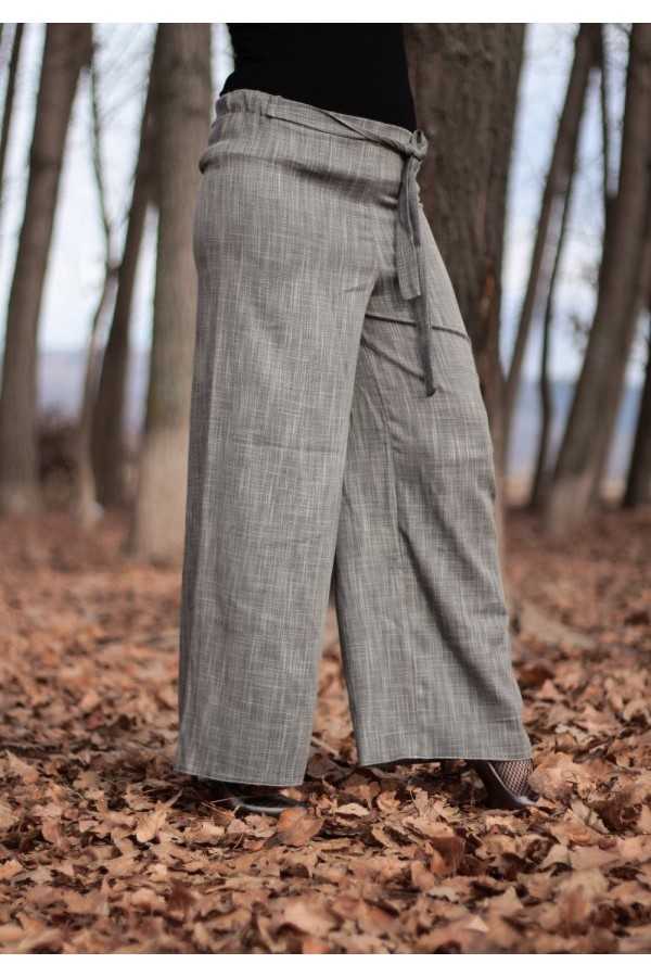 Beli Kuşaklı Bol Paça Keten Pantolon