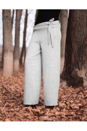 Beli Kuşaklı Bol Paça Keten Pantolon