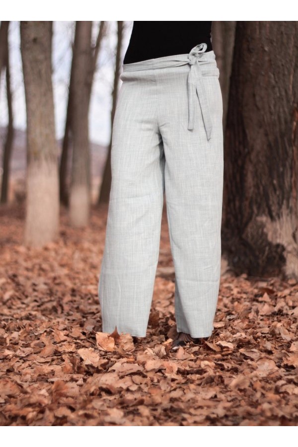 Beli Kuşaklı Bol Paça Keten Pantolon