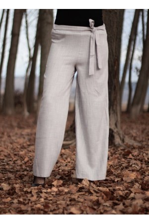 Beli Kuşaklı Bol Paça Keten Pantolon