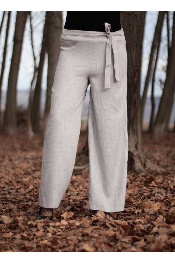 Beli Kuşaklı Bol Paça Keten Pantolon