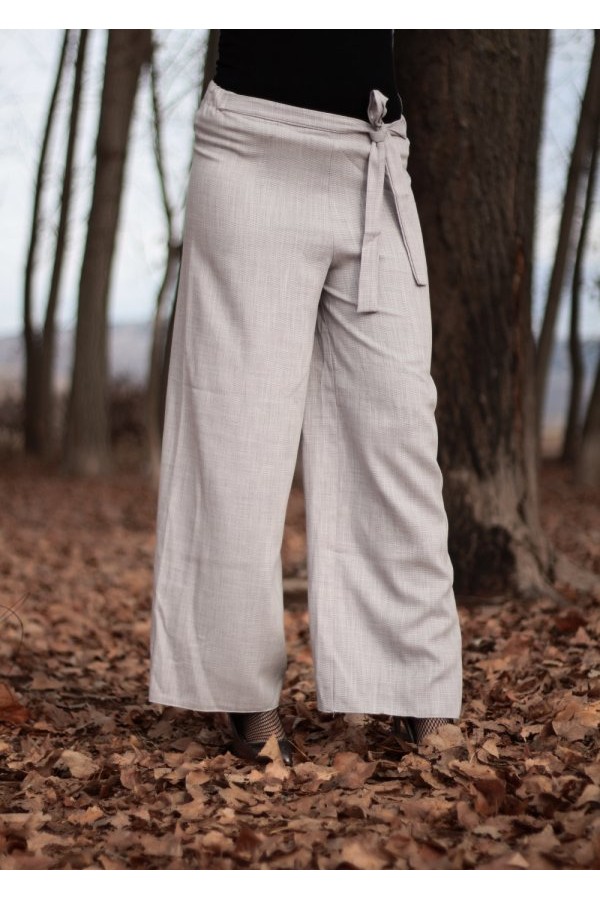 Beli Kuşaklı Bol Paça Keten Pantolon