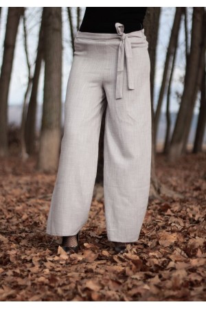 Beli Kuşaklı Bol Paça Keten Pantolon Beli Kuşaklı Bol Paça Keten Pantolon