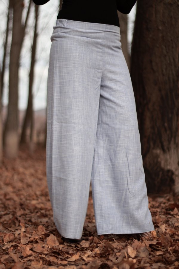 Beli Kuşaklı Bol Paça Keten Pantolon