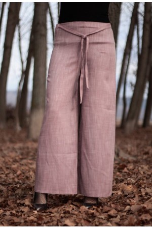 Beli Kuşaklı Bol Paça Keten Pantolon