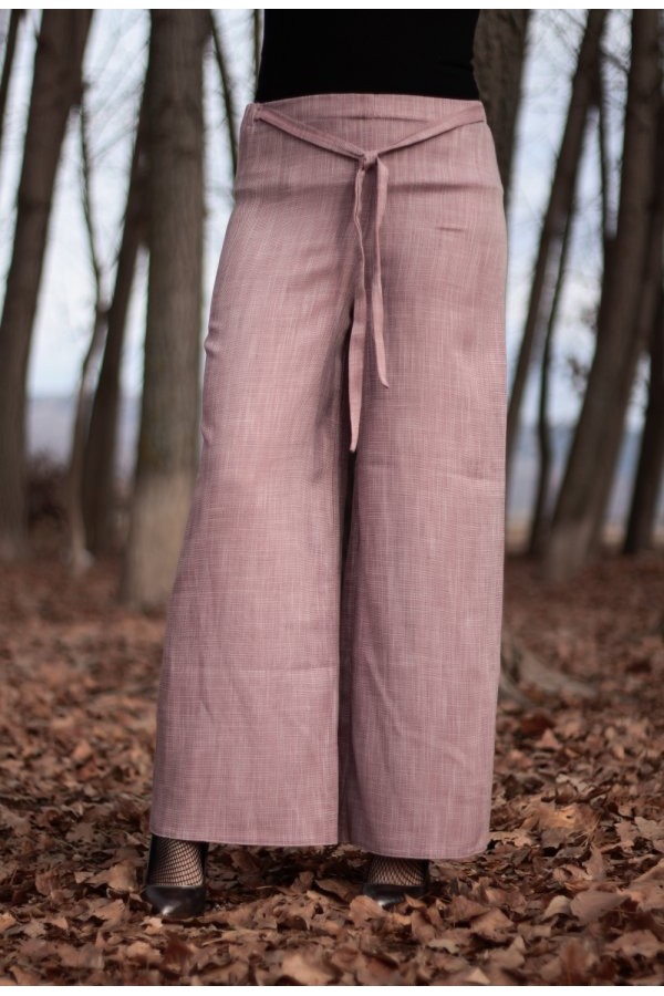 Beli Kuşaklı Bol Paça Keten Pantolon