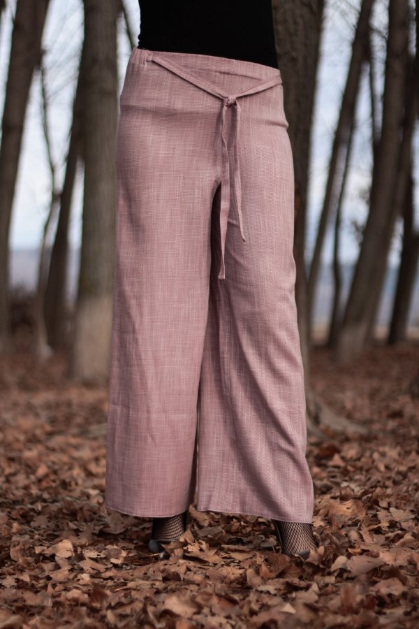 Beli Kuşaklı Bol Paça Keten Pantolon