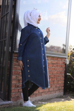 Büyük Beden Yanları Düğmeli Tensel Kot Tunik