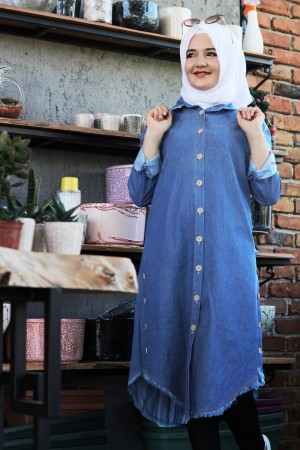 Büyük Beden Yanları Düğmeli Tensel Kot Tunik