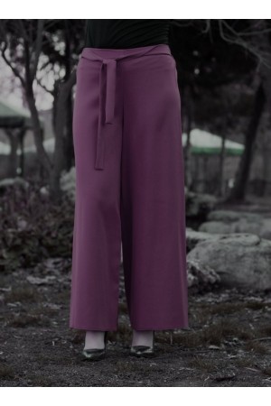 Beli Lastikli Kuşaklı Bol Paça Pantolon  Mürdüm