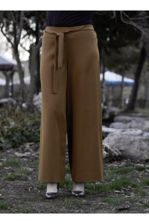 Beli Lastikli Kuşaklı Bol Paça Pantolon  Koyu Hardal 