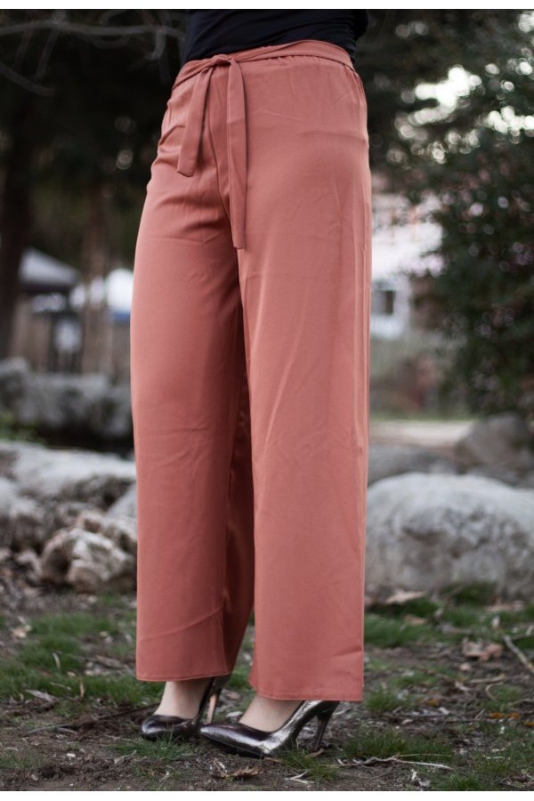 Beli Lastikli Kuşaklı Bol Paça Pantolon  Oranj 