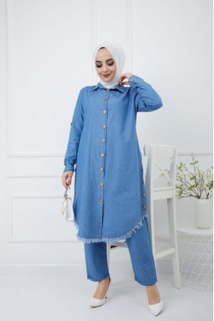 Büyük Beden Yanları Düğme Detaylı Tensel Kot Takım  Açık Mavi