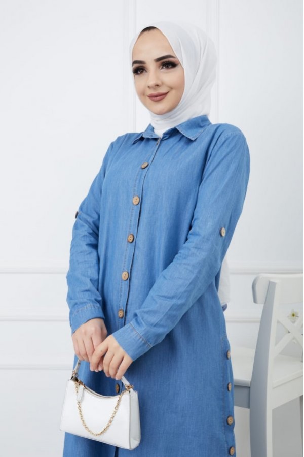 Büyük Beden Yanları Düğme Detaylı Tensel Kot Takım Açık Mavi Büyük Beden Yanları Düğme Detaylı Tensel Kot Takım Açık Mavi