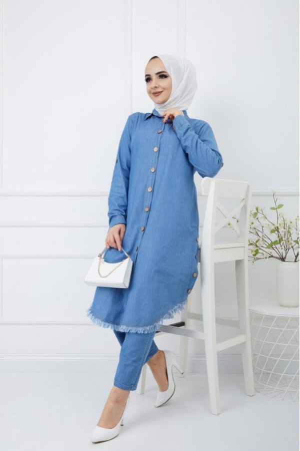 Büyük Beden Yanları Düğme Detaylı Tensel Kot Takım Açık Mavi Büyük Beden Yanları Düğme Detaylı Tensel Kot Takım Açık Mavi