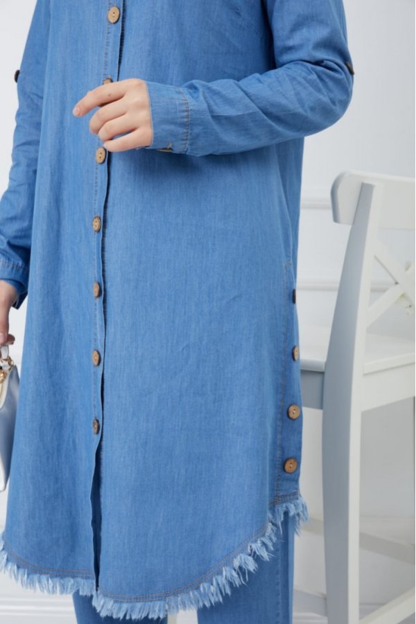 Büyük Beden Yanları Düğme Detaylı Tensel Kot Takım Açık Mavi Büyük Beden Yanları Düğme Detaylı Tensel Kot Takım Açık Mavi