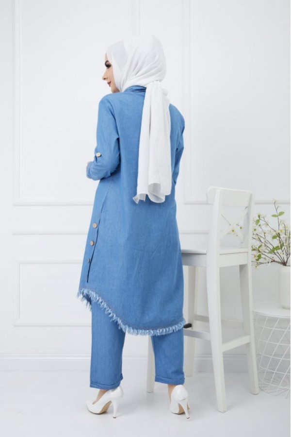 Büyük Beden Yanları Düğme Detaylı Tensel Kot Takım Açık Mavi Büyük Beden Yanları Düğme Detaylı Tensel Kot Takım Açık Mavi