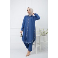 Büyük Beden Yanları Düğme Detaylı Tensel Kot Takım Koyu Mavi Büyük Beden Yanları Düğme Detaylı Tensel Kot Takım Koyu Mavi