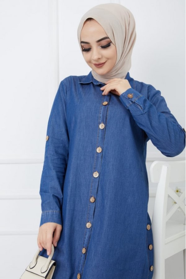 Büyük Beden Yanları Düğme Detaylı Tensel Kot Takım Koyu Mavi Büyük Beden Yanları Düğme Detaylı Tensel Kot Takım Koyu Mavi