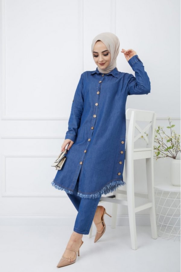 Büyük Beden Yanları Düğme Detaylı Tensel Kot Takım Koyu Mavi Büyük Beden Yanları Düğme Detaylı Tensel Kot Takım Koyu Mavi