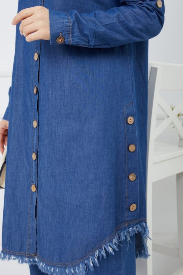 Büyük Beden Yanları Düğme Detaylı Tensel Kot Takım Koyu Mavi Büyük Beden Yanları Düğme Detaylı Tensel Kot Takım Koyu Mavi