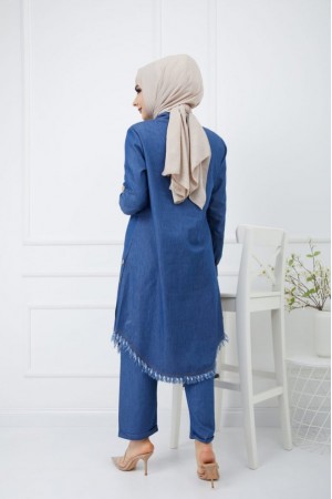 Büyük Beden Yanları Düğme Detaylı Tensel Kot Takım Koyu Mavi Büyük Beden Yanları Düğme Detaylı Tensel Kot Takım Koyu Mavi