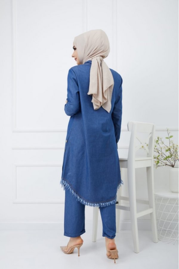 Büyük Beden Yanları Düğme Detaylı Tensel Kot Takım Koyu Mavi Büyük Beden Yanları Düğme Detaylı Tensel Kot Takım Koyu Mavi