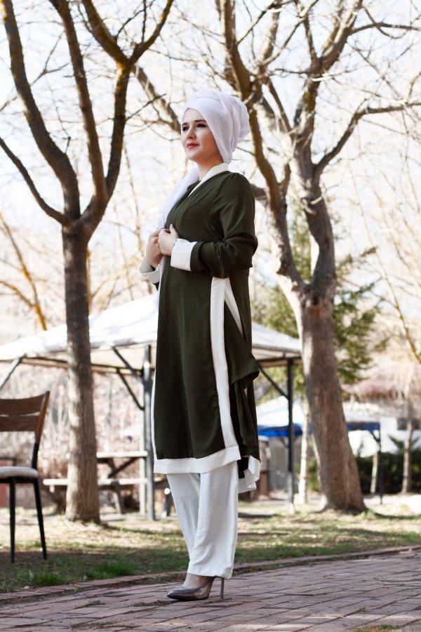 Büyük Beden Beyaz Garnili Üçlü Takım Ceket içlik pantolon Haki Büyük Beden Beyaz Garnili Üçlü Takım Ceket içlik pantolon Haki