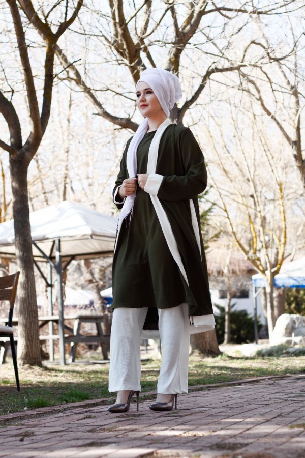 Büyük Beden Beyaz Garnili Üçlü Takım Ceket içlik pantolon Haki Büyük Beden Beyaz Garnili Üçlü Takım Ceket içlik pantolon Haki