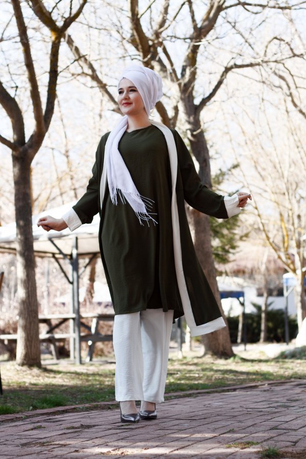 Büyük Beden Beyaz Garnili Üçlü Takım Ceket içlik pantolon Haki Büyük Beden Beyaz Garnili Üçlü Takım Ceket içlik pantolon Haki