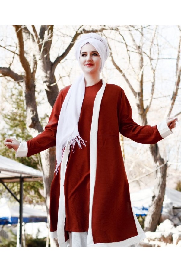 Büyük Beden Beyaz Garnili Üçlü Takım Ceket  içlik  pantolon  Kiremit