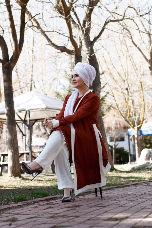 Büyük Beden Beyaz Garnili Üçlü Takım Ceket  içlik  pantolon  Kiremit