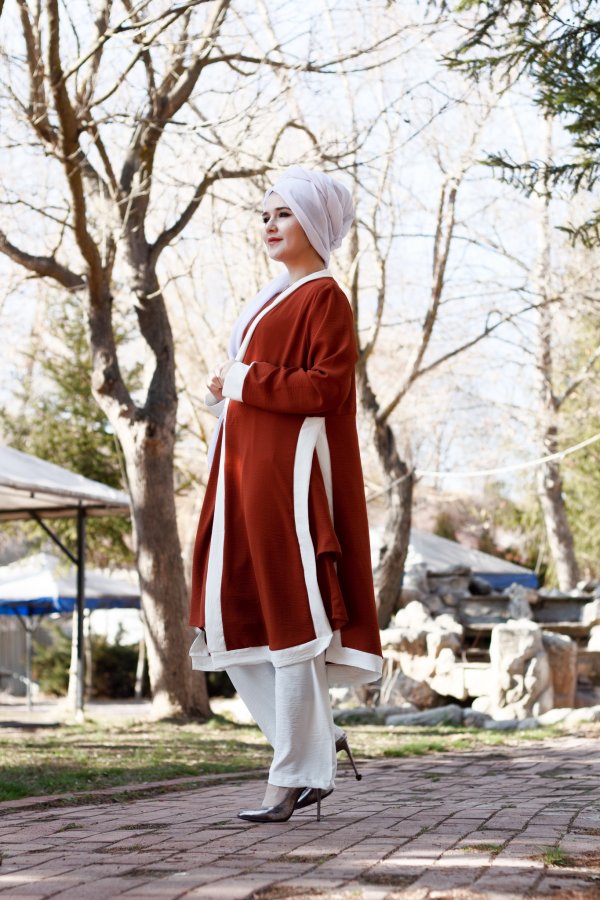 Büyük Beden Beyaz Garnili Üçlü Takım Ceket  içlik  pantolon  Kiremit