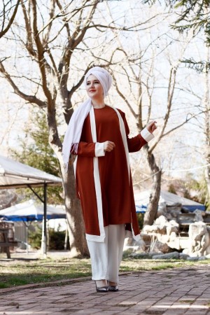 Büyük Beden Beyaz Garnili Üçlü Takım Ceket  içlik  pantolon  Kiremit