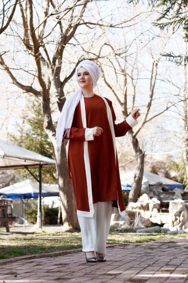 Büyük Beden Beyaz Garnili Üçlü Takım Ceket  içlik  pantolon  Kiremit