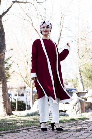 Büyük Beden Beyaz Garnili Üçlü Takım Ceket  içlik  pantolon  Bordo