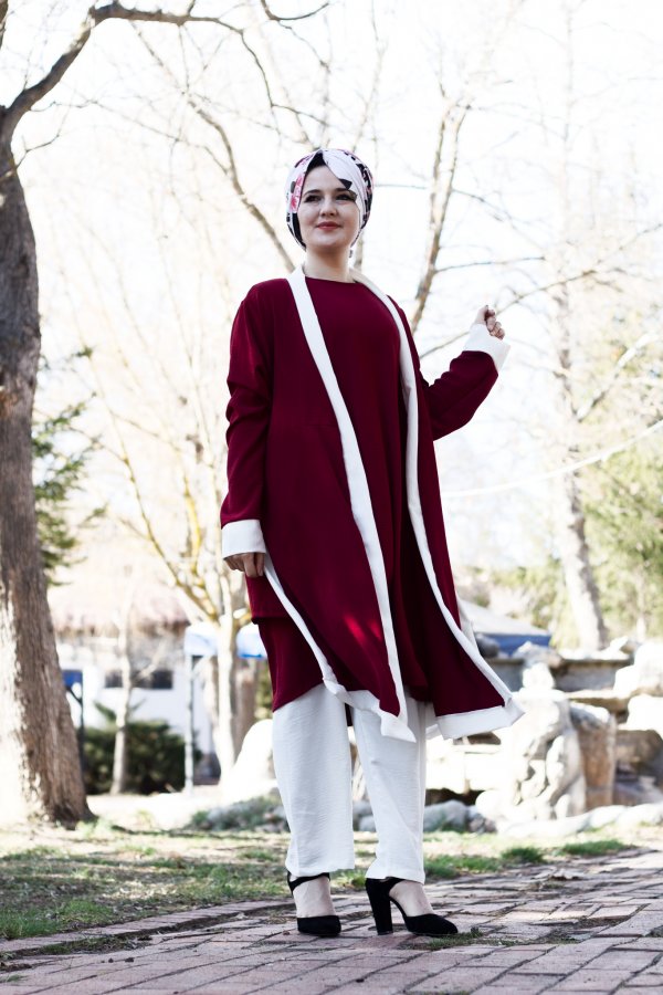 Büyük Beden Beyaz Garnili Üçlü Takım Ceket  içlik  pantolon  Bordo