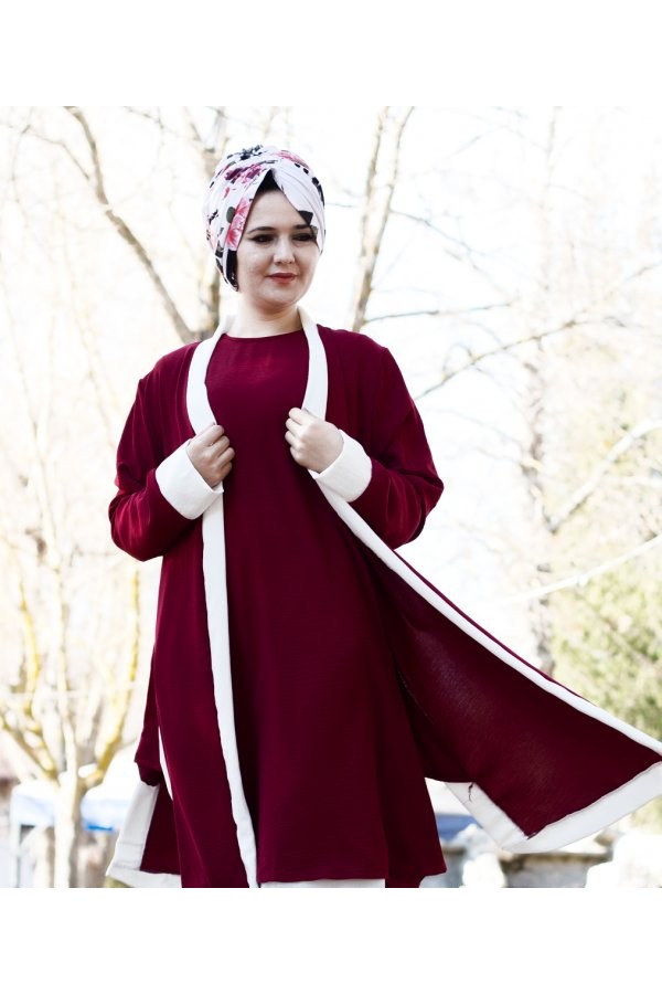 Büyük Beden Beyaz Garnili Üçlü Takım Ceket  içlik  pantolon  Bordo