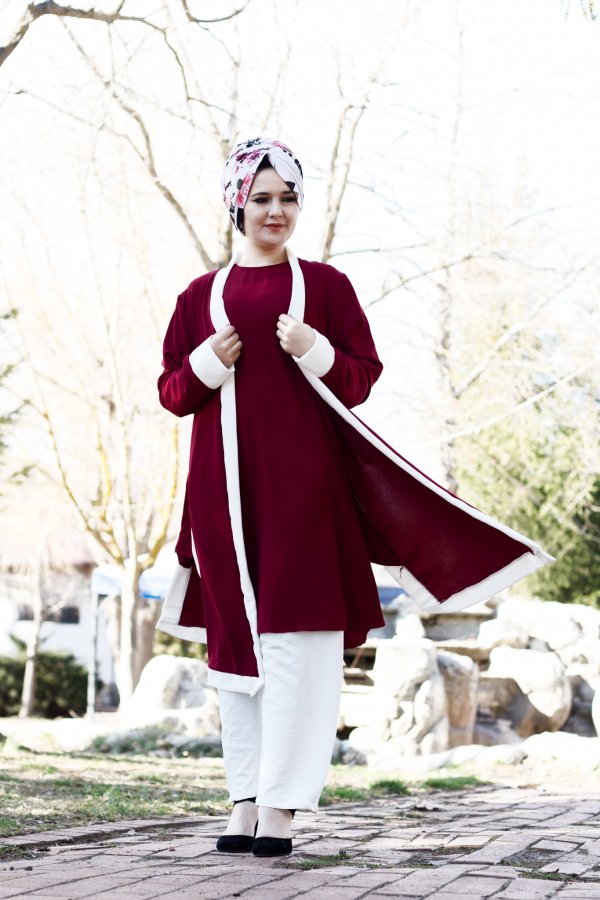 Büyük Beden Beyaz Garnili Üçlü Takım Ceket  içlik  pantolon  Bordo